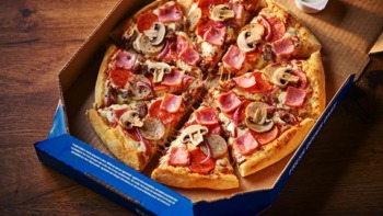 Domino's ham and mushroom pizza in a box